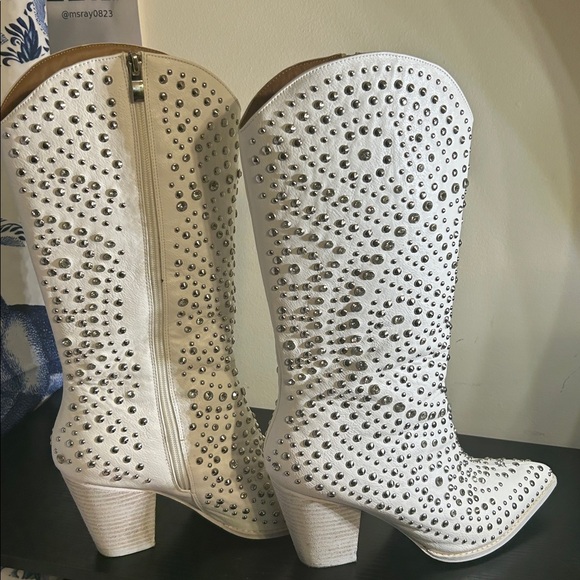 Corkys White Rhinestone & Studded Heeled Boots with Box - Picture 6 of 8